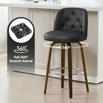 Bekrvio Bar Stools Set of 3, 26" Counter Height Swivel Bar Stools with Back,Walnut Bentwood Legs, Faux Leather Upholstered Counter Stools, Modern Counter Chairs Bar Stool for Kitchen Island, Black