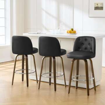 Bekrvio Bar Stools Set of 3, 26" Counter Height Swivel Bar Stools with Back,Walnut Bentwood Legs, Faux Leather Upholstered Counter Stools, Modern Counter Chairs Bar Stool for Kitchen Island, Black