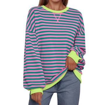 Trendy Queen Oversized Sweatshirt for Women 2024 Fall Crewneck Striped Long Sleeve Shirts Hoodies Pr...