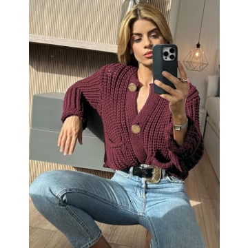 Arssm Womens Cropped Cardigan Sweaters Chunky Open Front Button Down Knit Sweater Long Sleeve Loose Cardigan Outerwear(DarkRed-L)