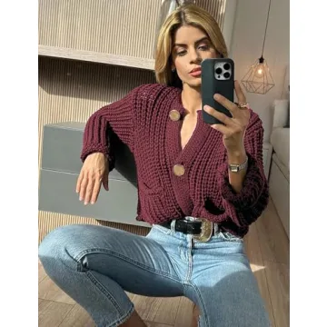 Arssm Womens Cropped Cardigan Sweaters Chunky Open Front Button Down Knit Sweater Long Sleeve Loose Cardigan Outerwear(DarkRed-L)