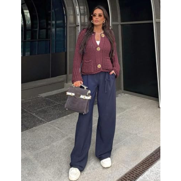 Arssm Womens Cropped Cardigan Sweaters Chunky Open Front Button Down Knit Sweater Long Sleeve Loose Cardigan Outerwear(DarkRed-L)