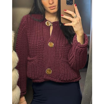 Arssm Womens Cropped Cardigan Sweaters Chunky Open Front Button Down Knit Sweater Long Sleeve Loose Cardigan Outerwear(DarkRed-L)