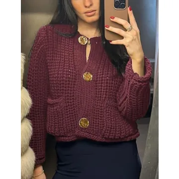 Arssm Womens Cropped Cardigan Sweaters Chunky Open Front Button Down Knit Sweater Long Sleeve Loose Cardigan Outerwear(DarkRed-L)