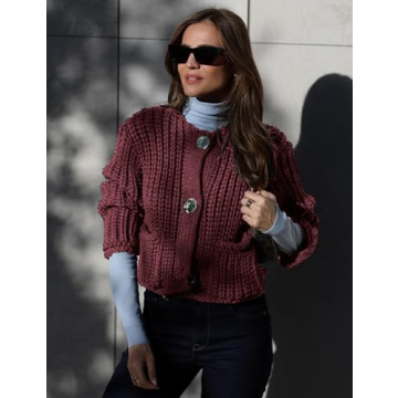 Arssm Womens Cropped Cardigan Sweaters Chunky Open Front Button Down Knit Sweater Long Sleeve Loose Cardigan Outerwear(DarkRed-L)