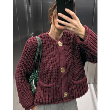 Arssm Womens Cropped Cardigan Sweaters Chunky Open Front Button Down Knit Sweater Long Sleeve Loose Cardigan Outerwear(DarkRed-L)