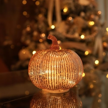 hvfun Rosegold Thanksgiving Decorative Artificial Pumpkins-Mercury Glass Light up Pumpkin with Timer...