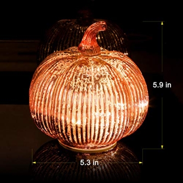 hvfun Rosegold Thanksgiving Decorative Artificial Pumpkins-Mercury Glass Light up Pumpkin with Timer- Table Centerpieces for Home Decor-Lamps for Festive Decoration