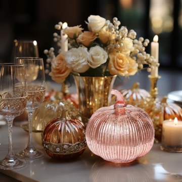 hvfun Rosegold Thanksgiving Decorative Artificial Pumpkins-Mercury Glass Light up Pumpkin with Timer- Table Centerpieces for Home Decor-Lamps for Festive Decoration