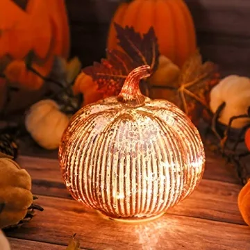 hvfun Rosegold Thanksgiving Decorative Artificial Pumpkins-Mercury Glass Light up Pumpkin with Timer- Table Centerpieces for Home Decor-Lamps for Festive Decoration