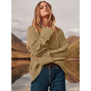 ANRABESS Women's Oversized Crewneck Long Sleeve Fuzzy Knit Casual Chunky Warm 2024 Fall Pullover Sweaters Top Trendy Outfits Khaki Medium