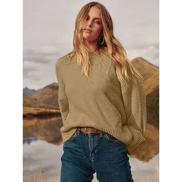 ANRABESS Women's Oversized Crewneck Long Sleeve Fuzzy Knit Casual Chunky Warm 2024 Fall Pullover Sweaters Top Trendy Outfits Khaki Medium