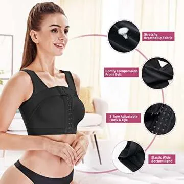 MICOHPKLE Women Post Surgery Bra Front Closure Compression Tank Top Posture Corrector Shapewear with Breast Support Band (Large, Black)