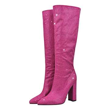 Richealnana Women's Rhinestones Chunky Block Heel Long Boots Pointed Toe Knee High Booties For Party Prom High Heel Crystals Bling Boots Pink US 8
