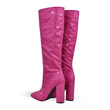 Richealnana Women's Rhinestones Chunky Block Heel Long Boots Pointed Toe Knee High Booties For Party Prom High Heel Crystals Bling Boots Pink US 8