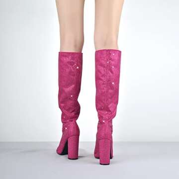 Richealnana Women's Rhinestones Chunky Block Heel Long Boots Pointed Toe Knee High Booties For Party Prom High Heel Crystals Bling Boots Pink US 8