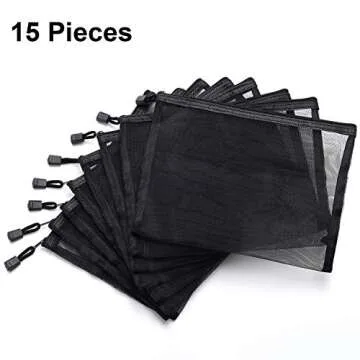 Outus 15 Pieces Mesh Bags Mesh Zipper Pouch Makeup Bags Cosmetic Travel Organizer Pouch Pencil Case(9.5 x 7.1 Inches,Black)