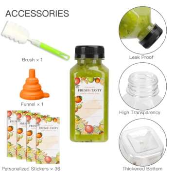 TOMNK 35pcs 8oz Plastic Juice Bottles with Caps, Reusable Clear Bottles with Label, Funnel and Brush Beverage Containers Bulk with Lids for Juicing, Smoothies, Drinking