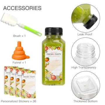 TOMNK 35pcs 8oz Plastic Juice Bottles with Caps, Reusable Clear Bottles with Label, Funnel and Brush Beverage Containers Bulk with Lids for Juicing, Smoothies, Drinking