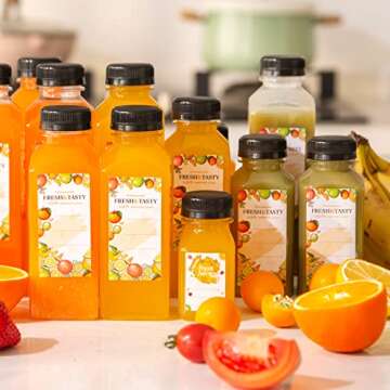 TOMNK 35pcs 8oz Plastic Juice Bottles with Caps, Reusable Clear Bottles with Label, Funnel and Brush Beverage Containers Bulk with Lids for Juicing, Smoothies, Drinking