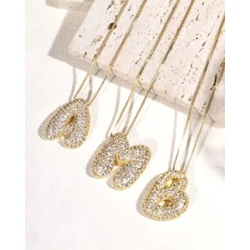 Bubble Letter Necklace Gold Balloon Initial Letter Pendant Necklace No Tarnish Cubic Zirconia Trendy Fashion Personalized Name Alphabet Necklace Jewelry For Women