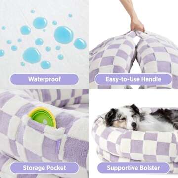 Lesure Human Dog Bed for Adult - Calming Human Size Dog Bed with Egg Foam Supportive Mat and Storage Pocket, Cute Modern Pet Beds with Jacquard Shaggy Plush & Anti Slip Bottom 68x44x12, Purple