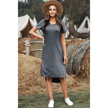 Alaster Women's 2025 Casual T-Shirt Midi Dress Short Sleeve Grey Summer High Splits Dress with Pocke...