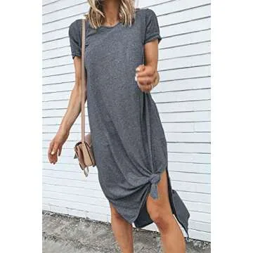 Alaster Women's 2025 Casual T-Shirt Midi Dress Short Sleeve Grey Summer High Splits Dress with Pocket High Low Solid Midi Dress