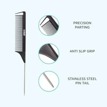KISS Colors & Care Professional Pin Tail Parting Comb for Sectioning, Teasing, Detangling, Grooming,...