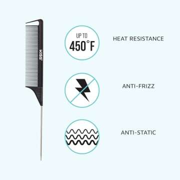 KISS Colors & Care Professional Pin Tail Parting Comb for Sectioning, Teasing, Detangling, Grooming, General Styling - Anti Static & Heat Resistant For All Hair Types Black