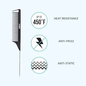 KISS Colors & Care Professional Pin Tail Parting Comb for Sectioning, Teasing, Detangling, Grooming, General Styling - Anti Static & Heat Resistant For All Hair Types Black