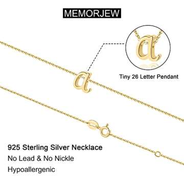 Memorjew 925 Sterling Silver Initial Necklace, Dainty Letter A Gold Gold Cursive Initial Necklace fo...