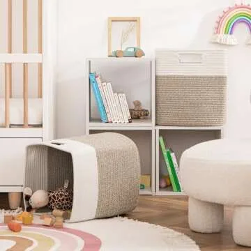 UBBCARE Set of 4 Storage Cubes-13 X 13 X 13 In, Cotton Rope Basket for Shelves, Toys, Book, Cube Storage Bin with Handles, Woven Storage Basket for Organizing, White/Brown