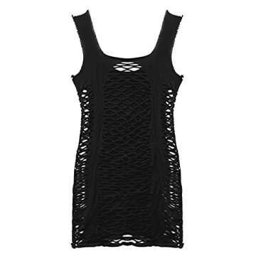 FEESHOW Womens Hollow Out Lingerie Mesh Bodystockings Sling Sleepwear Babydoll Mini Dress Black One Size