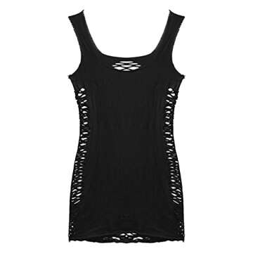 FEESHOW Womens Hollow Out Lingerie Mesh Bodystockings Sling Sleepwear Babydoll Mini Dress Black One Size