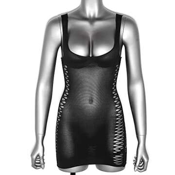 FEESHOW Womens Hollow Out Lingerie Mesh Bodystockings Sling Sleepwear Babydoll Mini Dress Black One Size