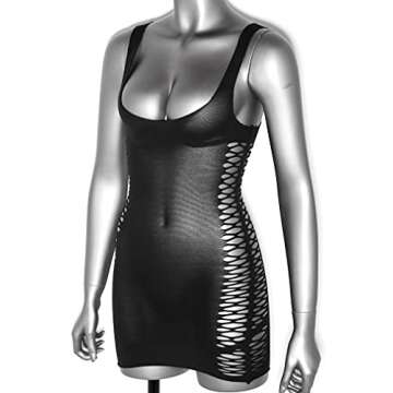 FEESHOW Womens Hollow Out Lingerie Mesh Bodystockings Sling Sleepwear Babydoll Mini Dress Black One Size