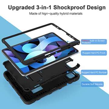 Azzsy Kids Case for iPad Air 5th / 4th Generation 10.9 Inch 2022/2020, [Support 2nd Gen Apple Pencil Charging] Heavy Duty Shockproof Rugged Protective Case for iPad Air 5/4 10.9 Inch, Black