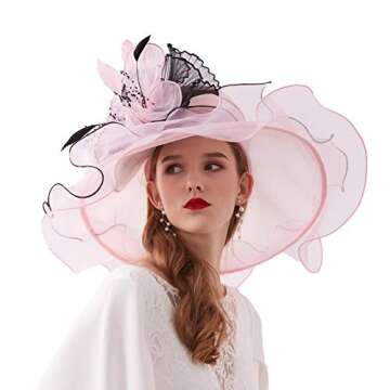 Women Organza Church Derby Hat Wide Brim Sun Hats for Wedding Tea Party Fascinator Hat with Detachab...