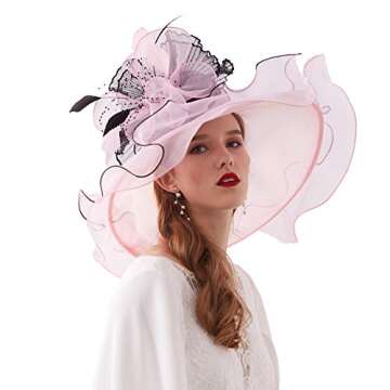 Women Organza Church Derby Hat Wide Brim Sun Hats for Wedding Tea Party Fascinator Hat with Detachable hat Flower as Headgear Light Pink