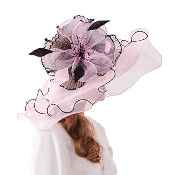 Women Organza Church Derby Hat Wide Brim Sun Hats for Wedding Tea Party Fascinator Hat with Detachable hat Flower as Headgear Light Pink