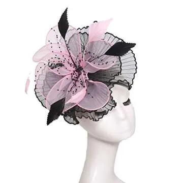 Women Organza Church Derby Hat Wide Brim Sun Hats for Wedding Tea Party Fascinator Hat with Detachable hat Flower as Headgear Light Pink