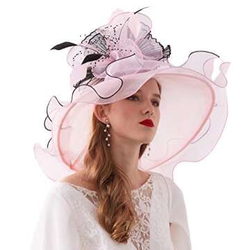 Women Organza Church Derby Hat Wide Brim Sun Hats for Wedding Tea Party Fascinator Hat with Detachable hat Flower as Headgear Light Pink