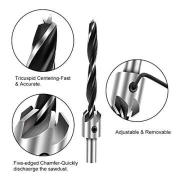 COMOWARE Countersink Drill Bits Set- 7Pcs Counter Sink Bit for Wood High Speed Steel, Woodworking Ca...