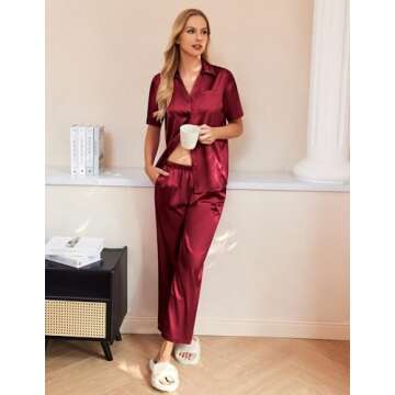 Ekouaer Womens Silk Satin Pajama Sets 2 Piece Pjs Button Down Sleepwear Wide Leg Long Pants Loungewe...