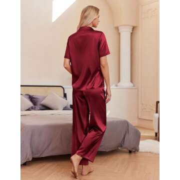 Ekouaer Womens Silk Satin Pajama Sets 2 Piece Pjs Button Down Sleepwear Wide Leg Long Pants Loungewear with Pockets Wine Red
