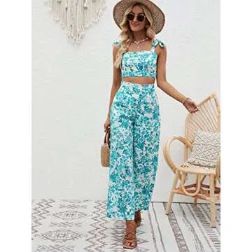 Floerns Women's 2 Piece Summer Boho Floral Print Knot Shoulder Zip Back Crop Cami Top and Maxi Pants Set Mint Blue and White XS