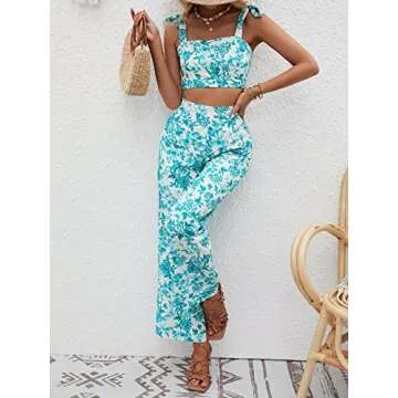 Floerns Women's 2 Piece Summer Boho Floral Print Knot Shoulder Zip Back Crop Cami Top and Maxi Pants Set Mint Blue and White XS