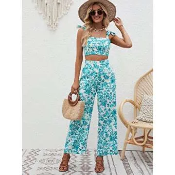 Floerns Women's 2 Piece Summer Boho Floral Print Knot Shoulder Zip Back Crop Cami Top and Maxi Pants Set Mint Blue and White XS