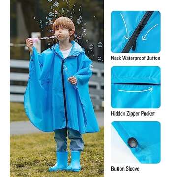 SaphiRose Lightweight Kids Rain Poncho Waterproof Jacket Zipper Up Rain Coat Blue X-Large
